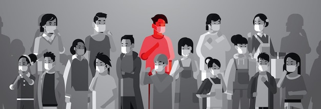 Mezcle la gente de la raza se amontonan en máscaras protectoras con una persona enferma que se extiende el concepto de epidemia para detener el concepto de coronavirus wuhan pandemia médico riesgo de salud vertical horizontal