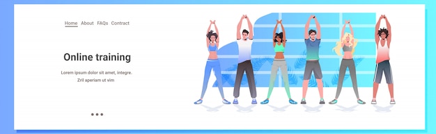 Mezcle la gente de la raza que hace ejercicios de fitness de yoga entrenamiento concepto de estilo de vida saludable hombres mujeres trabajando juntos horizontal espacio integral copia espacio ilustración