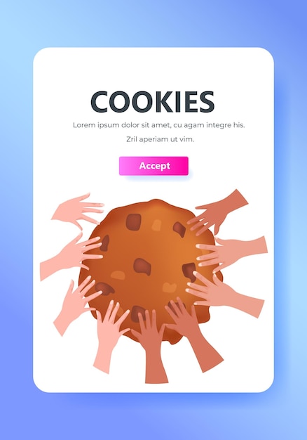 Mezcle las manos de las personas de raza sosteniendo la protección de cookies de la información personal emergente de la web de Internet usamos cookies