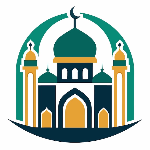 una mezquita azul con una cúpula verde y un logotipo de mezquita en ella