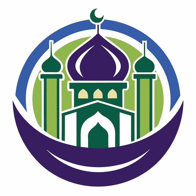 una mezquita azul con un logotipo verde y azul en ella