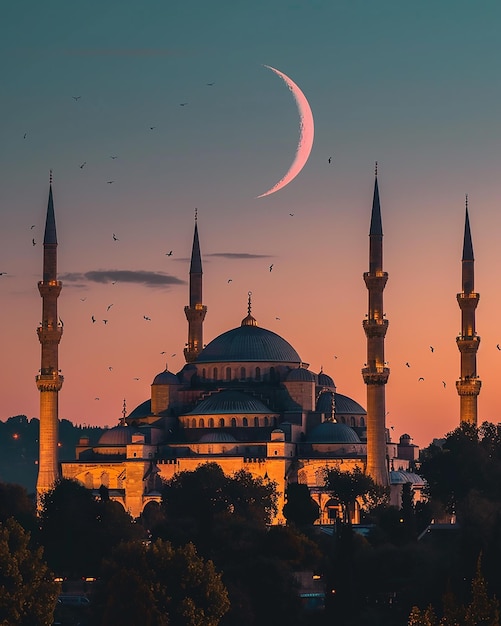 Mezquita en el cielo nocturno con luna llena