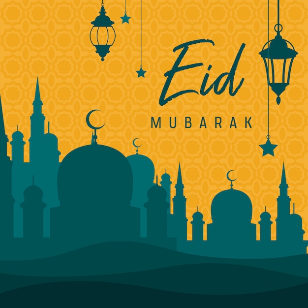 Vector mezquita en el desierto con linterna ilustración islámica de feliz eid mubarak