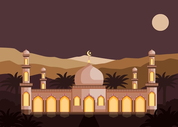 una mezquita en un desierto con una luna en el fondo