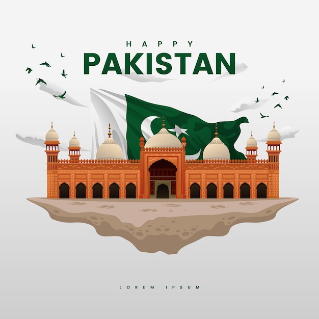 Vector mezquita del día de la resolución de pakistán color naranja histórico con gran bandera nacional