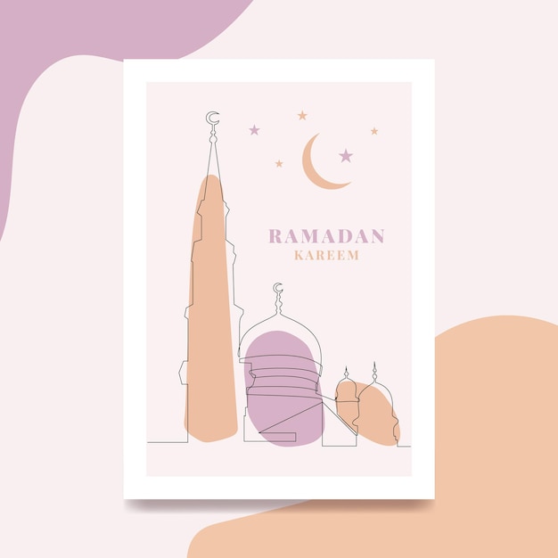 Mezquita dibujada a mano OneLine Art Ramadan Kareem Poster Festival of Greetings Eid Mubarak