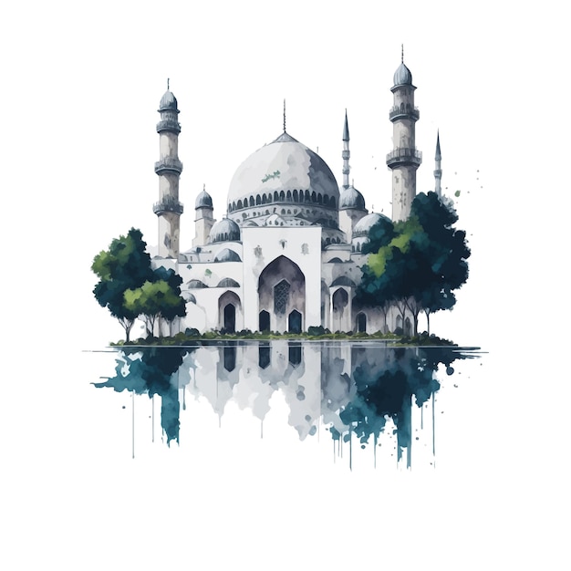 Mezquita dibujada con vector de acuarela y fondo islámico