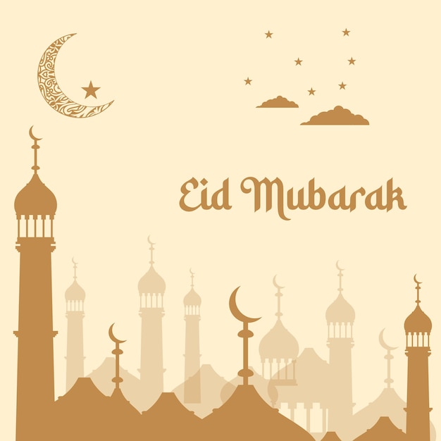 Mezquita islámica con luna estrellas linternas y nubes por la noche Eid Mubarak plantilla de bandera de saludo