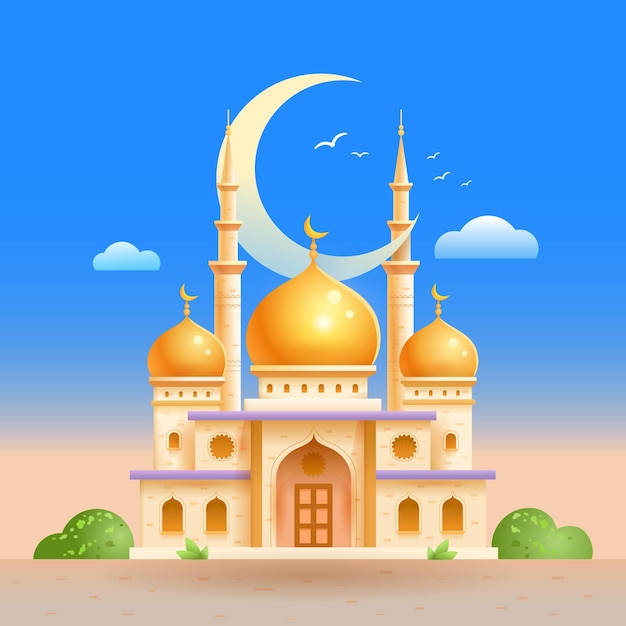 Vector mezquita islámica ramadán vacaciones islam edificio en islam ilustración plana en blanco