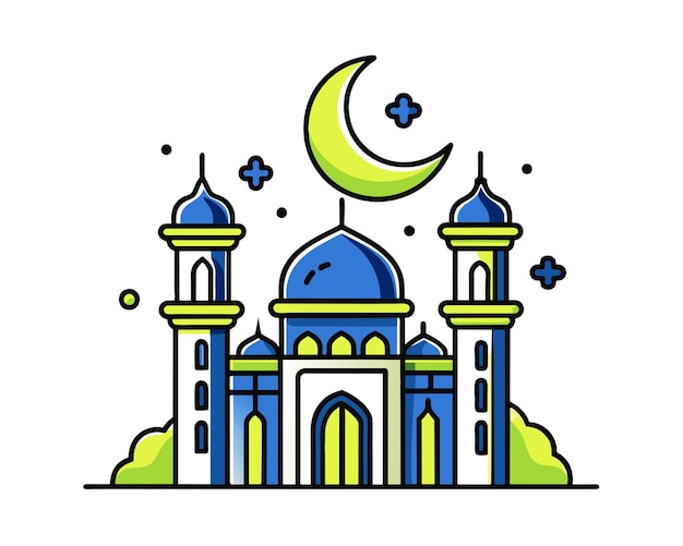 Mezquita con luna creciente y estrellas Ilustración vectorial en estilo plano