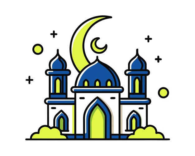 Mezquita y luna media en estilo plano Ilustración vectorial