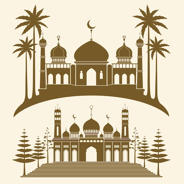 Mezquita marrón y colección de fondo de árbol