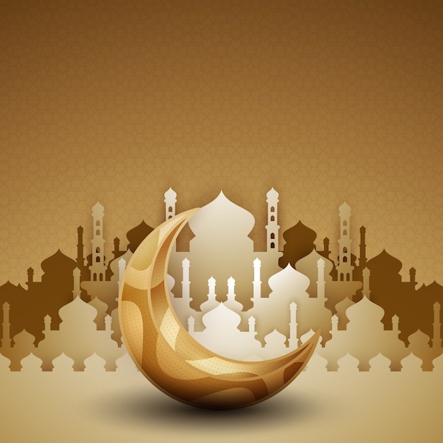 Mezquita de oro 3d silueta con luna creciente.