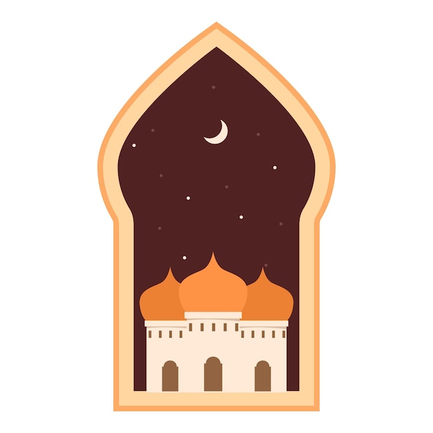 Mezquita que aparece a través de una ventana ornamentada por la noche con estrellas y luna creciente
