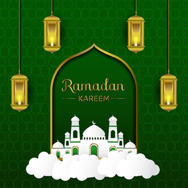 Mezquita de Ramadán y diseño de vector de linterna con tarjeta de felicitación de fondo islámico verde para publicación en redes sociales