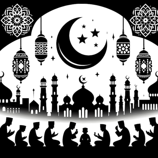 Mezquita de Ramadhan Kareem y media luna con estrellas en el fondo blanco ilustración vectorial