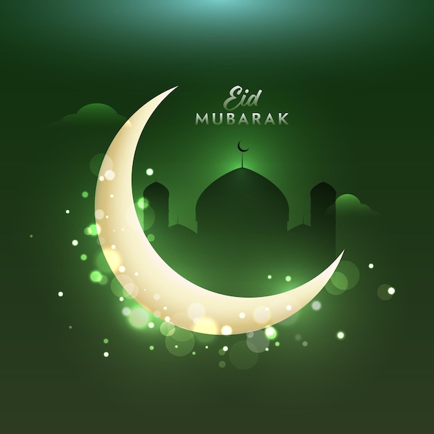 Mezquita silueta con media luna en efecto de luz Fondo verde para el Festival Islámico de la Celebración de Eid Muabarak Concepto