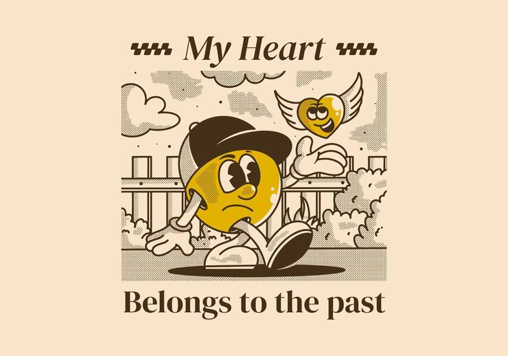 Vector mi corazón pertenece al pasado ilustración de un personaje de una cabeza de bola y un corazón volador