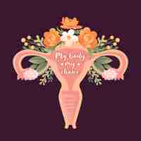 Vector mi cuerpo mi elección útero y flores mujeres salud ciclo del sistema reproductivo femenino derechos de la mujer feminismo concepto ubicación de los órganos del útero cuello uterino ovarios trompas de falopio