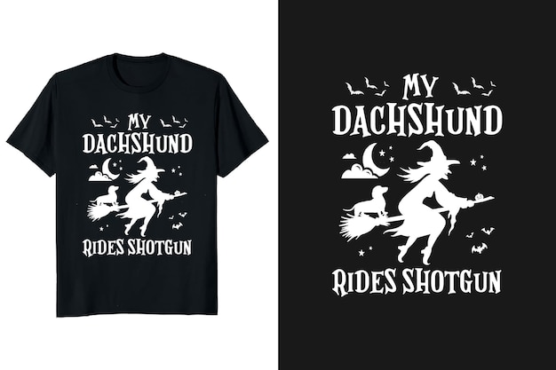 Mi Dachshund monta una escopeta en un diseño de camiseta de Halloween con una niña que monta brujas