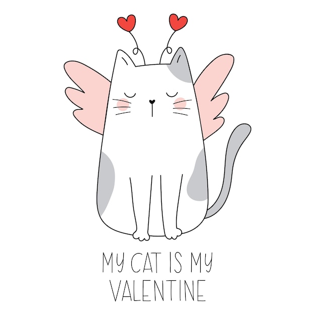 Mi gato es mi san valentín gato gracioso con alas y corazones animal divertido del doodle feliz día de san valentín