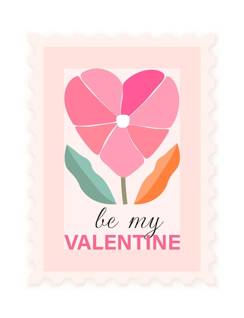 Se mi valentín vector sello postal con forma de corazón flor ilustración retro