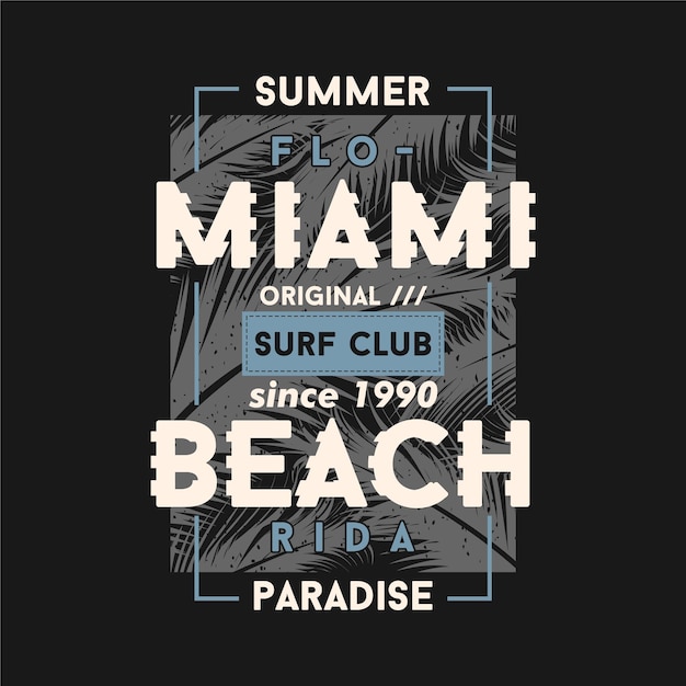 Miami Beach, Florida, diseño gráfico de marco de texto sobre tema de verano con fondo de palmera