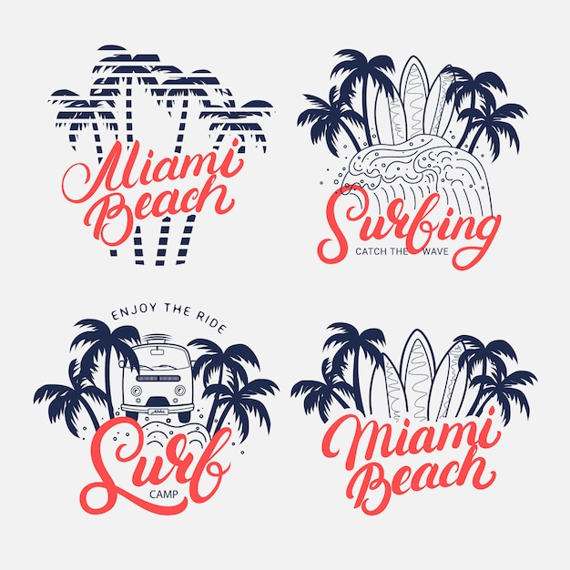 Miami Beach letras escritas a mano con palmeras y tablas de surf