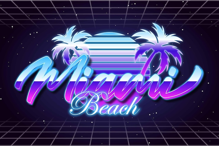 Vector miami beach retrowave vaporizar tipografía de estilo synthwave efecto de texto editable plantilla de estilo de fuente
