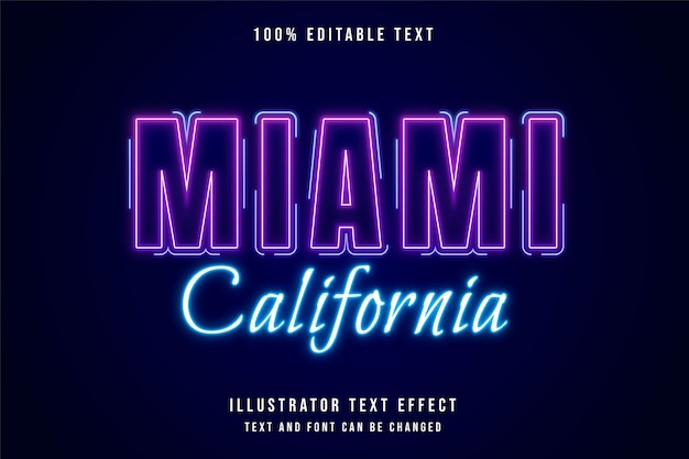 Miami california, efecto de texto editable en 3d estilo de texto de neón púrpura degradado rosa moderno