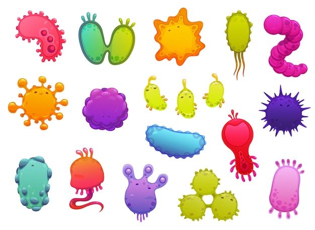 Vector microbios y virus, microorganismos patógenos y conjunto de dibujos animados de células de coronavirus.