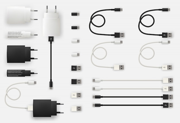 Microcables USB 3D realistas, conectores, enchufes y enchufes