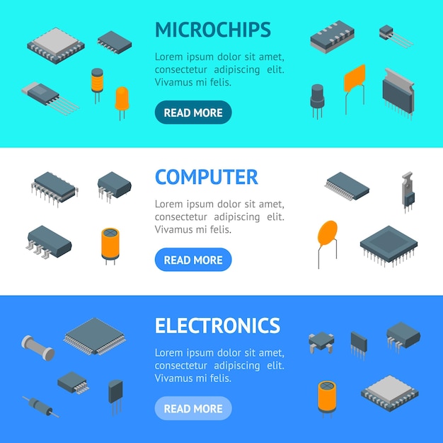 Microchip Computadora Componentes electrónicos Banner Conjunto horizontal Vista isométrica aislada sobre fondo blanco Reparación de electrónica o Ilustración de vector de tienda