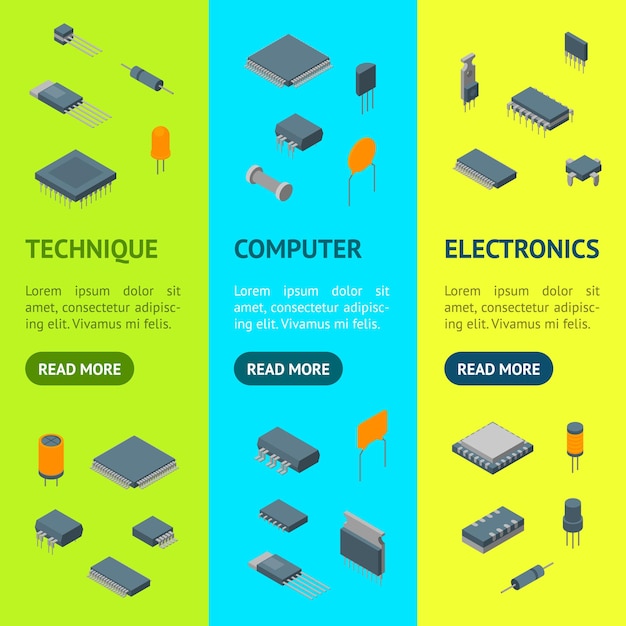 Microchip Computadora Componentes electrónicos Banner Vecrtical Conjunto Vista isométrica Electrónica Reparación o Tienda Ilustración vectorial