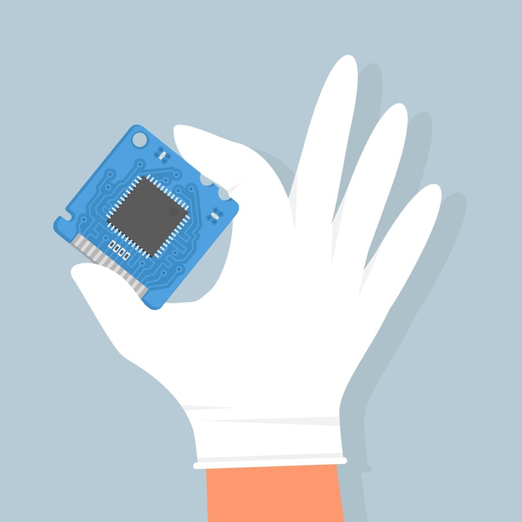 Vector microcircuito electrónico azul en la mano el icono del microprocesador y el chip de computadora componente de la computadora