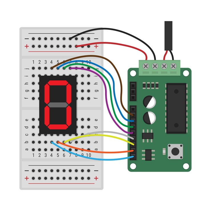 Vector microcontrolador y circuito de placa de pan con pantalla de siete segmentos