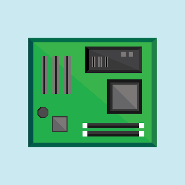Microcontrolador de placa base de chip de computadora simplificado en vector de estilo plano geométrico
