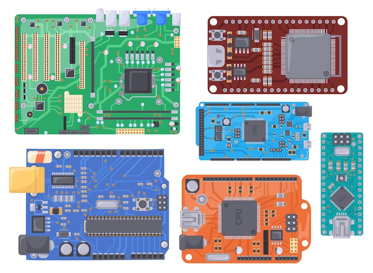Vector microcontrollers pcb electrical boards semiconductor microchip technology computers machine circuit module electronics arduino concept hardware pi chip neat vector illustration