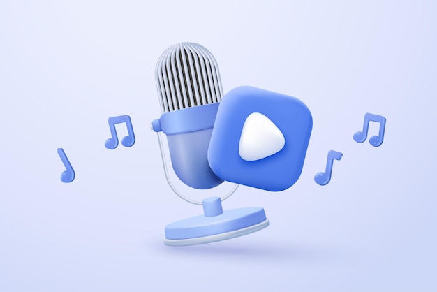 Micrófono 3D con nota musical es un símbolo que denota un micrófono de sonido musical para el canto de música y la melodía de audio o el concepto de tono de armonía
