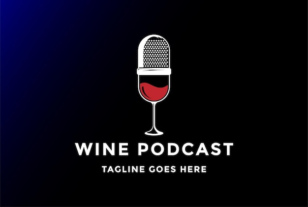 Micrófono con copa de vodka de vino para la vida nocturna Podcast Record Studio Logo Design Vector