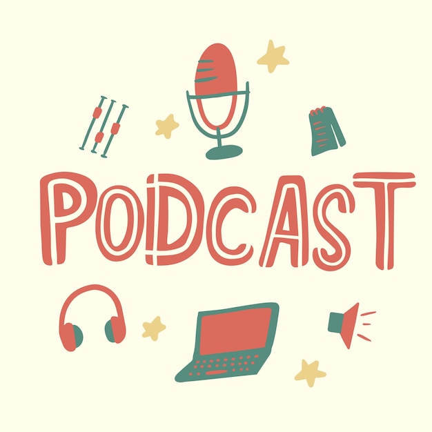Micrófono de dibujos animados de podcast y elementos para grabación de audio.