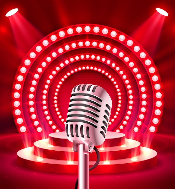 El micrófono en la escena roja. Ilustración vectorial