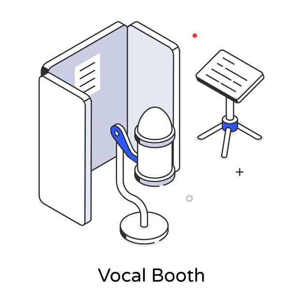 Un micrófono está conectado a un soporte que dice cabina vocal.
