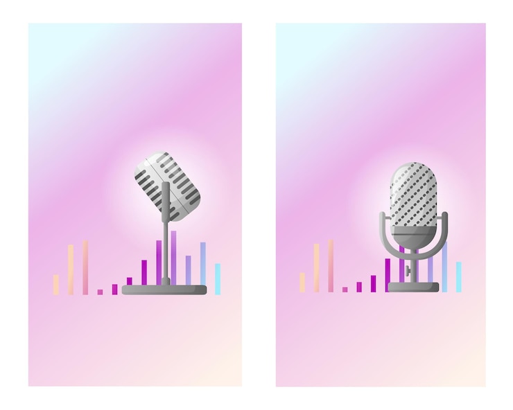 Vector micrófono de estilo vintage en estudio banner de colores vivos con espacio de copia ilustración vectorial