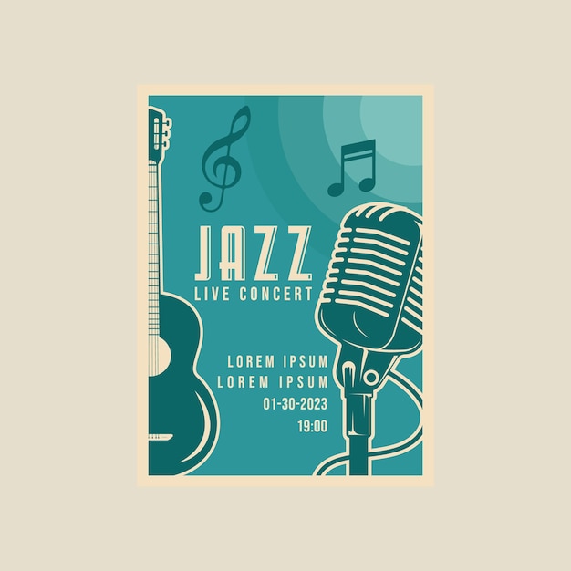 Micrófono y guitarra acústica vector cartel vintage minimalista ilustración plantilla diseño gráfico jazz festival banner invitación o inscripción música en vivo y lugar para texto en estilo retro