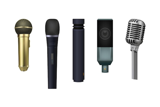 Micrófono de karaoke 3D micrófono realista Cantar en un estudio de música sonido de medios en vivo equipo de volumen de voz de habla Objeto de audio negro antiguo Dispositivos estéreo conjunto Ilustración aislada vectorial