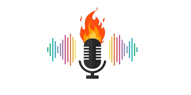 Micrófono con llamas Música Fuego Diseño del logotipo Fuego de llama podcast símbolo del micrófono