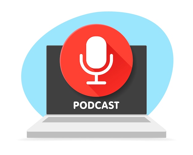 Micrófono de placa para podcast y computadora portátil. ilustraciones. Micrófono de radio. Contenido digital. Símbolo de podcast que se puede utilizar para cualquier plataforma y propósito.