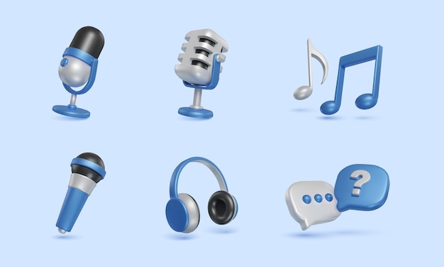 Micrófono de podcast 3D, auriculares, música y colecciones de íconos de burbujas de chat
