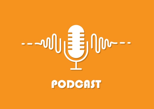 Micrófono de podcast blanco plano con ondas sonoras dinámicas en fondo naranja Concepto de transmisión de audio
